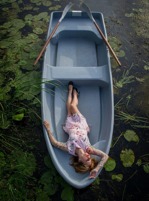 boat, river, woman, young, lake, water lilies, water, harmony, young woman, summer, lie, paddles, nature, the girl in the boat, girl in a boat on the lake, photo session in a boat, twilight, the girl lies in the boat, beautiful, figure, pretty girls, legs, dress, feminine