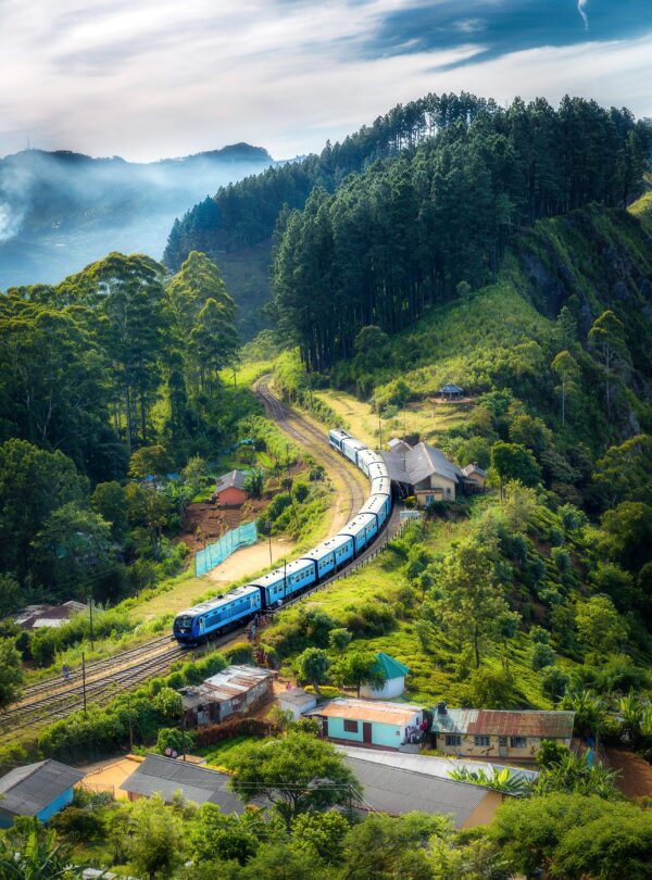 Aerial view of a picturesque train winding through lush green hills and rural houses.