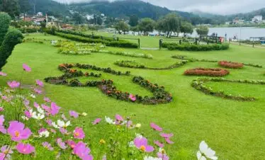 Lush garden with colorful flowers and rolling hills in Nuwara Eliya, Sri Lanka, under a cloudy sky.